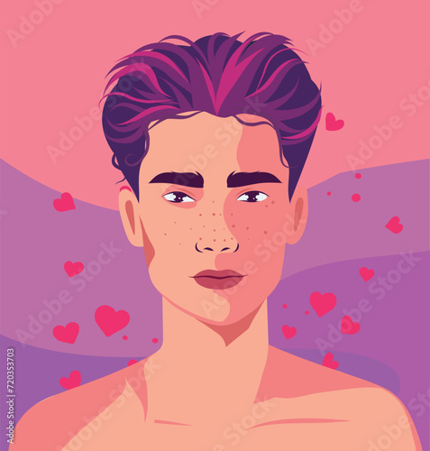  Vector illustration of an avatar for social networks Valentine's Day, portrait of a handsome young man love, hearts, pink purple background. Holiday concept