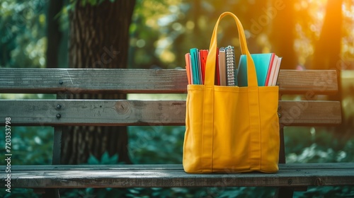 Colorful tote bag filled with books and notebooks for a day of learning in the park.