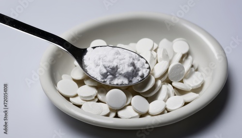 A spoonful of white pills in a bowl
