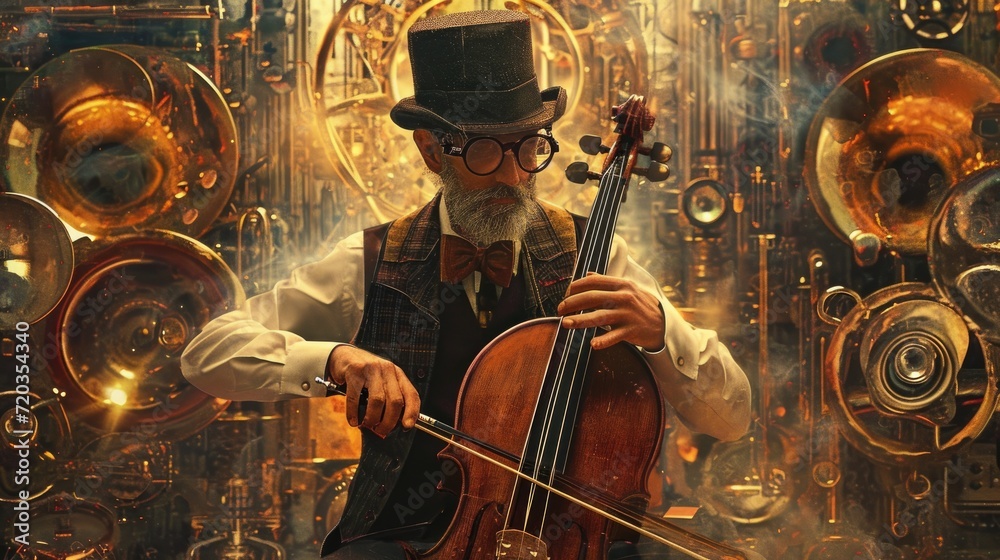 Old man playing the cello in a dark room with musical instruments Stock ...