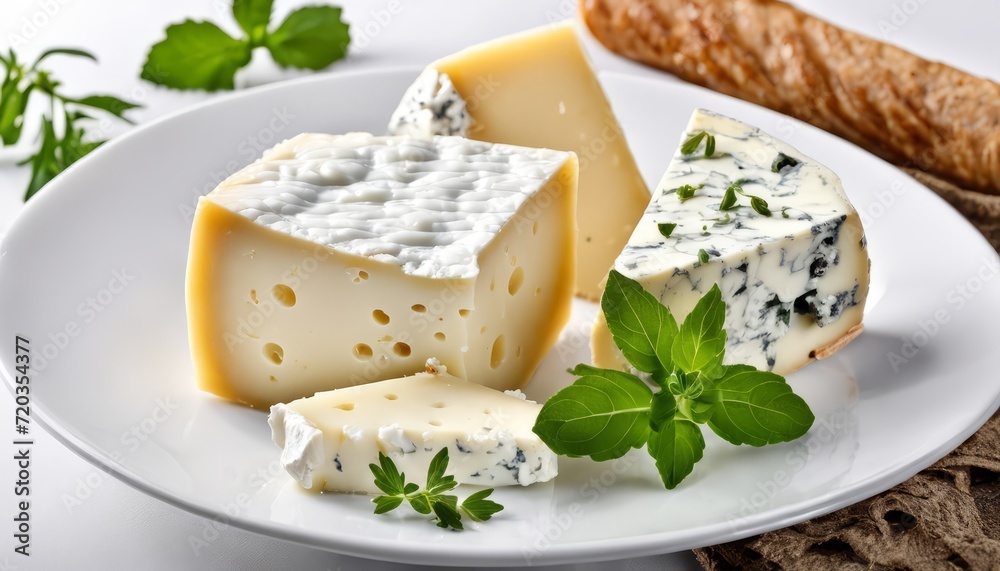 A plate of cheese, bread, and herbs