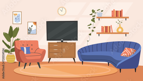 Living room interior. Comfortable sofa, chair, TV and house plants. Vector flat cartoon illustration