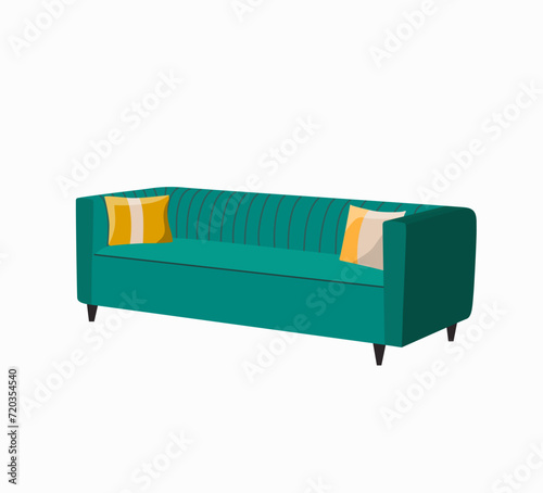 Art Deco sofa with pillows isolated. Vector flat style cartoon illustration