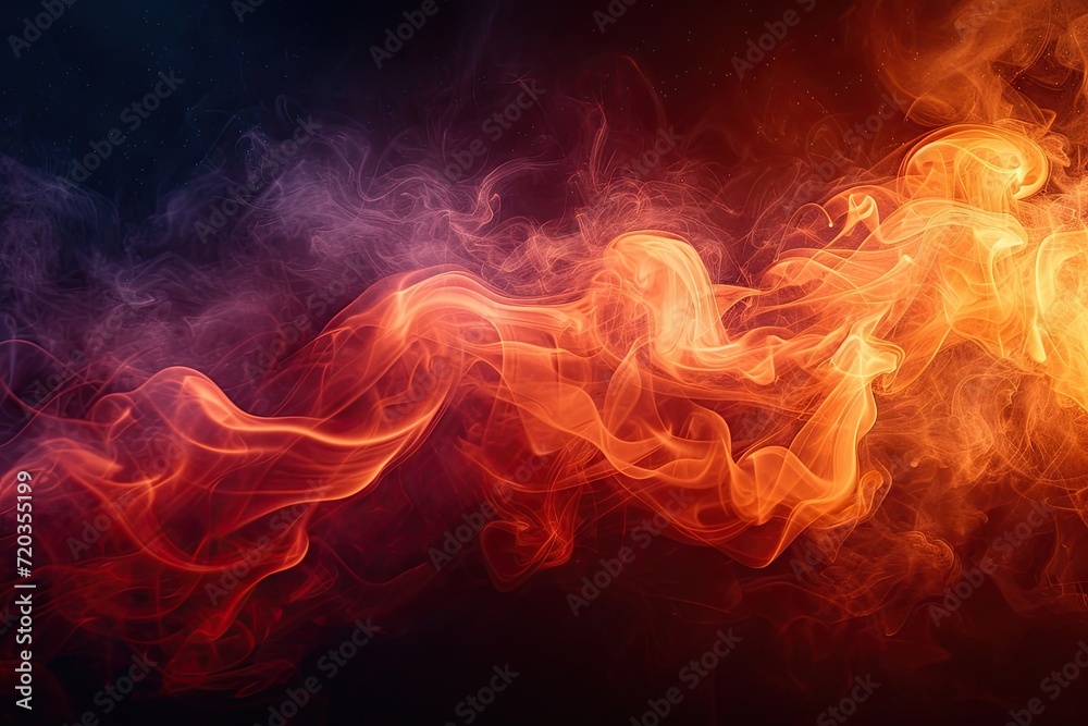 Red flames and smoke swirl in dance of heat and mystery creating abstract spectacle. Dark smoky backdrop illustrates mystical union of light and motion