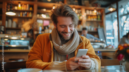 Smiling young man in a cozy caf    enjoying a moment on his smartphone  wrapped in a warm scarf and jacket.