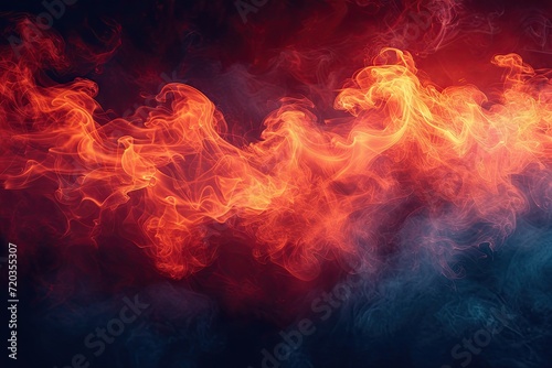 Red flames and smoke swirl in dance of heat and mystery creating abstract spectacle. Dark smoky backdrop illustrates mystical union of light and motion