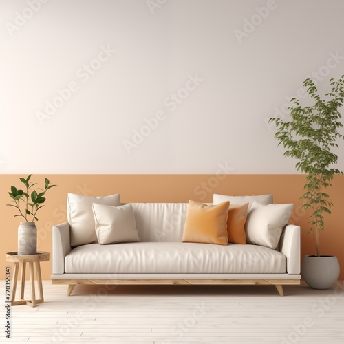 modern calm living room with sofa and mockup for painting, empty space for text 