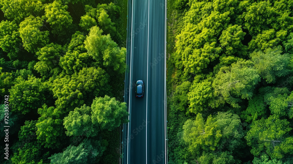 Aerial view of car driving on asphalt highway road in green forest. Sun shine. Travel concept. Generative AI