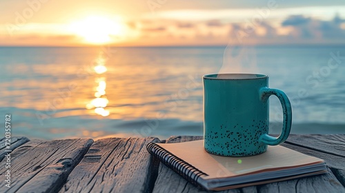 Serene morning with a steaming mug of coffee by a tranquil ocean sunrise.
