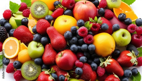 A colorful fruit salad with kiwi, strawberry, apple, blueberry, orange, and raspberry