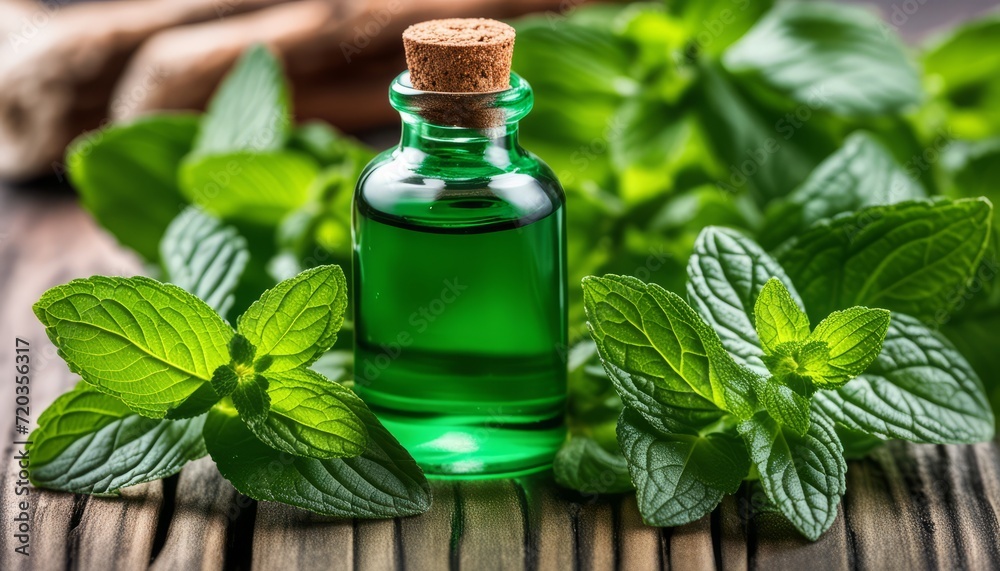 A bottle of mint oil with green leaves A bottle of mint oil with green leaves