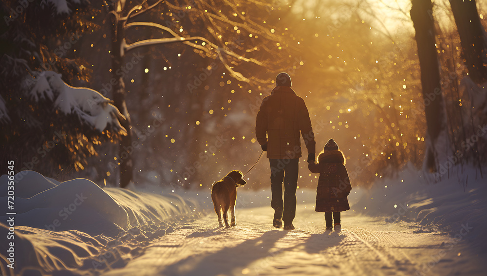 family and dog are walking through the snow in winter, 
 - obrazy, fototapety, plakaty 