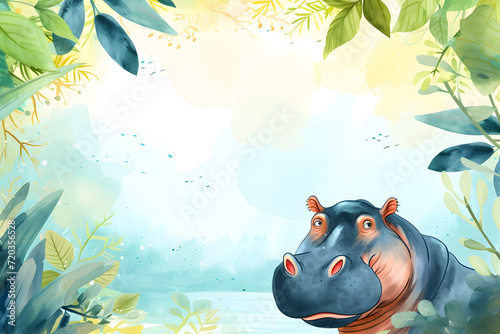 Cute cartoon hippopotamus frame border on background in watercolor style. photo