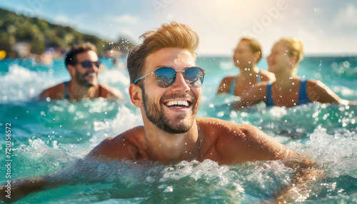 Portrait of a man with glasses swimming in the ocean © SashaMagic
