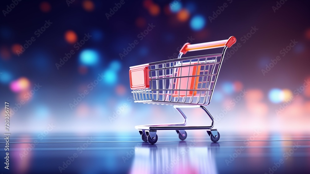 A shopping cart at the department store with a colorful blurred background. 