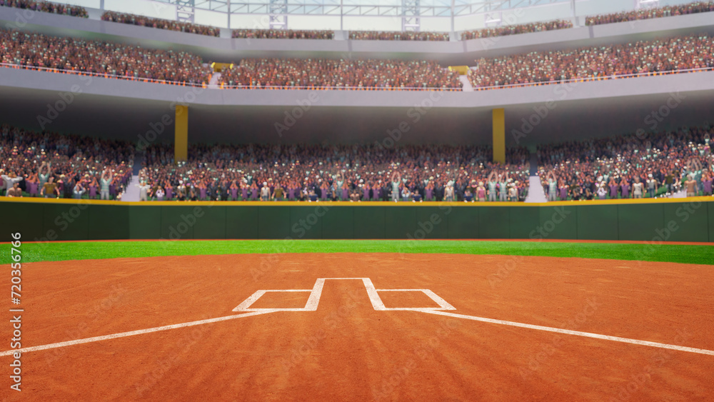 Obraz premium Poster to promote local sports matches. 3D render of empty baseball arena, open air stadium with tribune filled with fans. Concept of professional sport, competition, championship, game