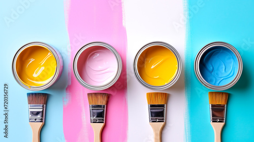 Banner with four open cans of paint with brushes on them on bright symmetry background. Yellow, white, pink, blue colors of paint. Top view. photo