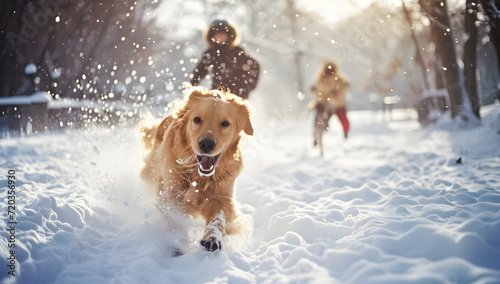 family running with a golden retriever in the snow
