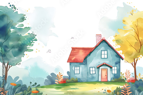 Cute cartoon house landscape frame border on background in watercolor style.