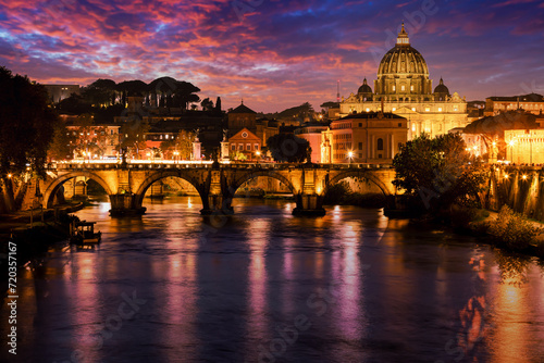Saint Peter's Basilica with Sant' Angelo's Bridge Over Tiber At Sunset, Rome, Lazio, Italy