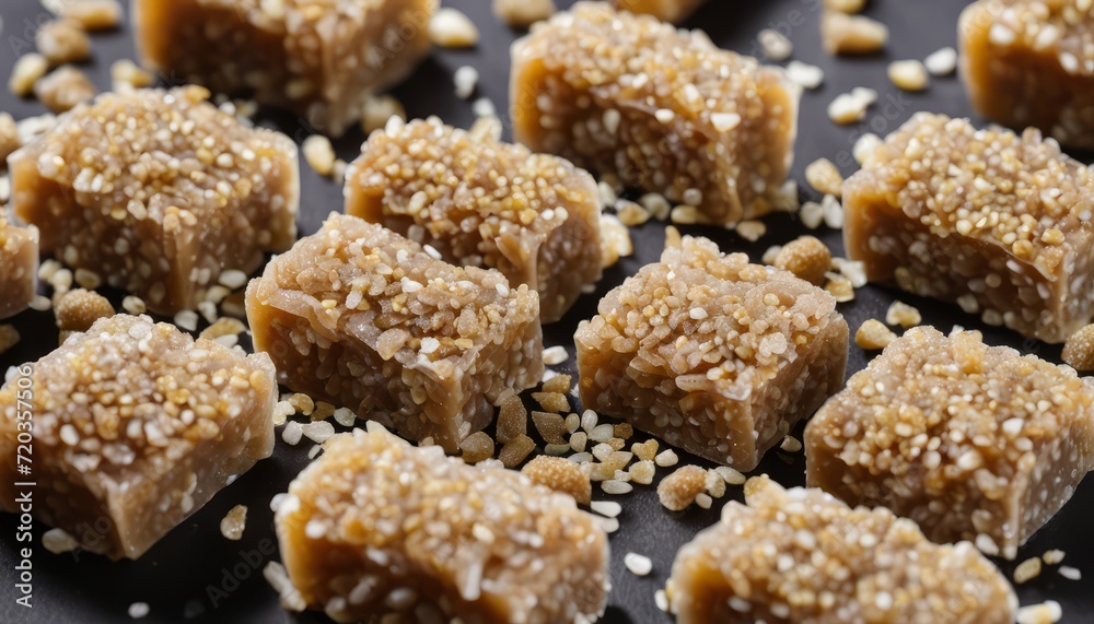A bunch of brown sugar cubes on a black table A bunch of brown sugar cubes on a black table
