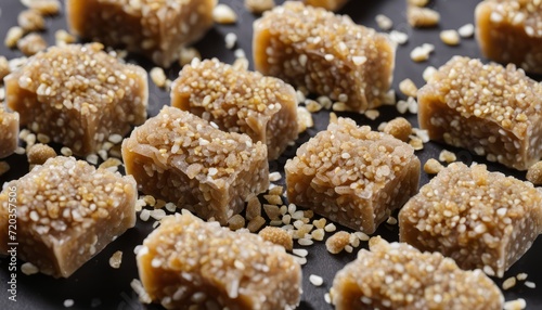 A bunch of brown sugar cubes on a black table
