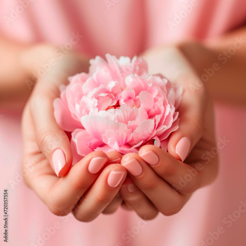 Stylish trendy female manicure. Peony flower in beautiful young woman's hands. Pink background.