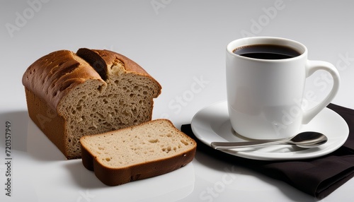 A cup of coffee and a slice of bread on a plate photo