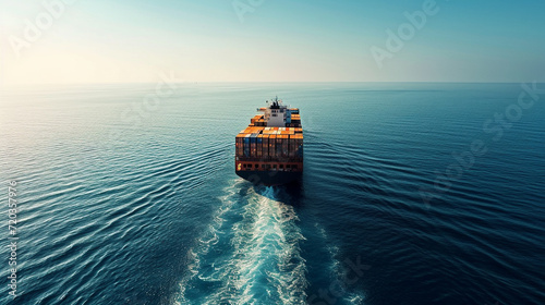 A massive container ship transporting goods across the ocean Background open sea with gentle waves, emphasizing the scale of the ship Colors steel gray of the ship, deep blue of the ocean, clea photo
