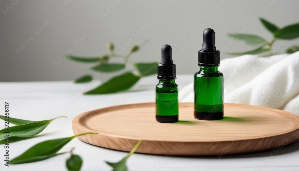 Two green bottles with black tops on a wooden tray Two green bottles with black tops on a wooden tray
