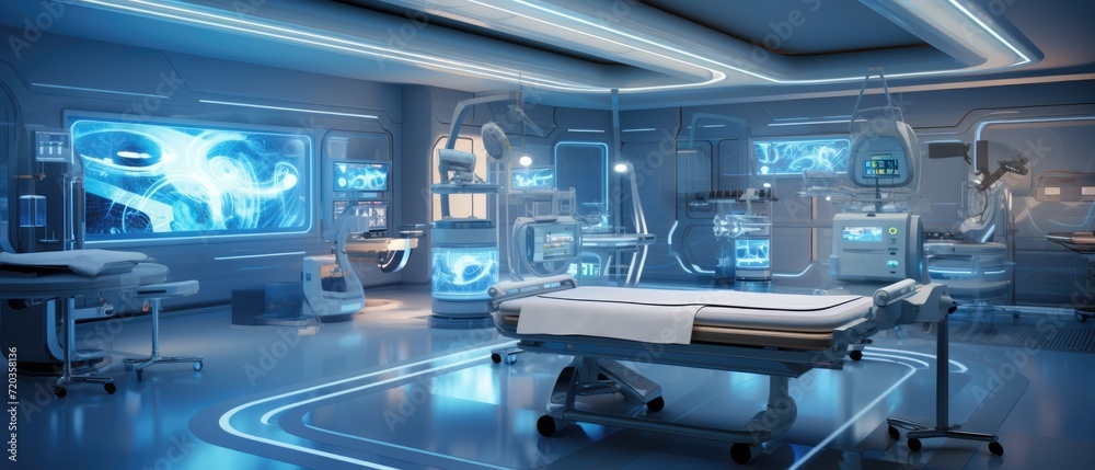 futuristic lab transforming hospital wards, the future of high tech healthcare with screen lighting of checking, health care concept, Generative AI futuristic lab transforming hospital wards, the future of high tech healthcare with screen lighting of checking, health care concept, Generative AI