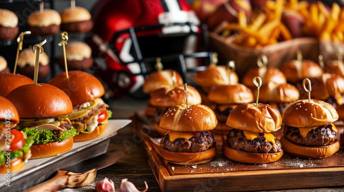 An american football fast food spread with sliders and a helmet as decoration