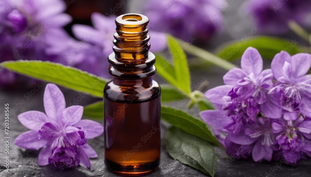 A bottle of lavender oil sits on a table with purple flowers A bottle of lavender oil sits on a table with purple flowers
