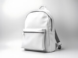 Side view of a white schoolbag mockup in a white room. With a zipped container at the front. Created with Generative AI.