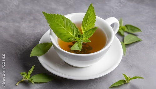 A cup of tea with a leaf on top