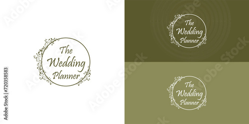 Wedding planner, and wedding organizer logotype design presented with multiple background colors. Simple and elegant wedding planner company logo with circle flower decoration