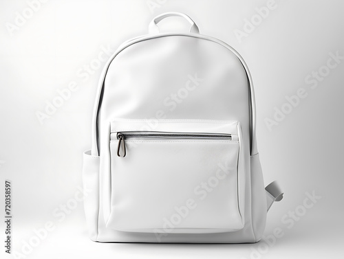 Front view of a white schoolbag mockup in a white room. With a zipped container at the front. Created with Generative AI. photo