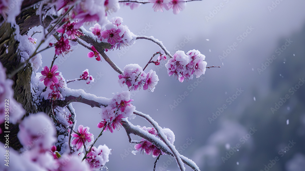 wallpaper of  branch is covered in heavy snow, covered in snow with plum blossom petals, with empty copy space
