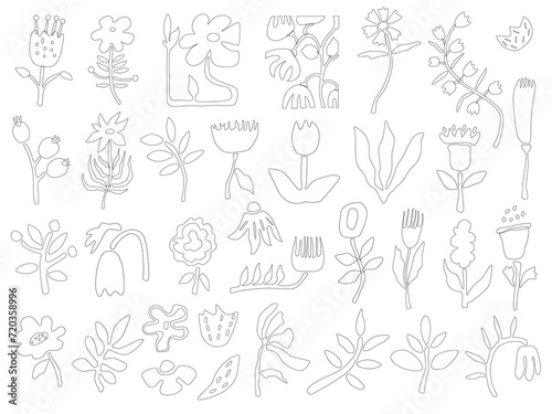A set of vector illustrations with doodle-style flowers. A collection of flowers and a hand-drawn clipart.Design of stickers, social networks, packaging, Internet, postcards, posters