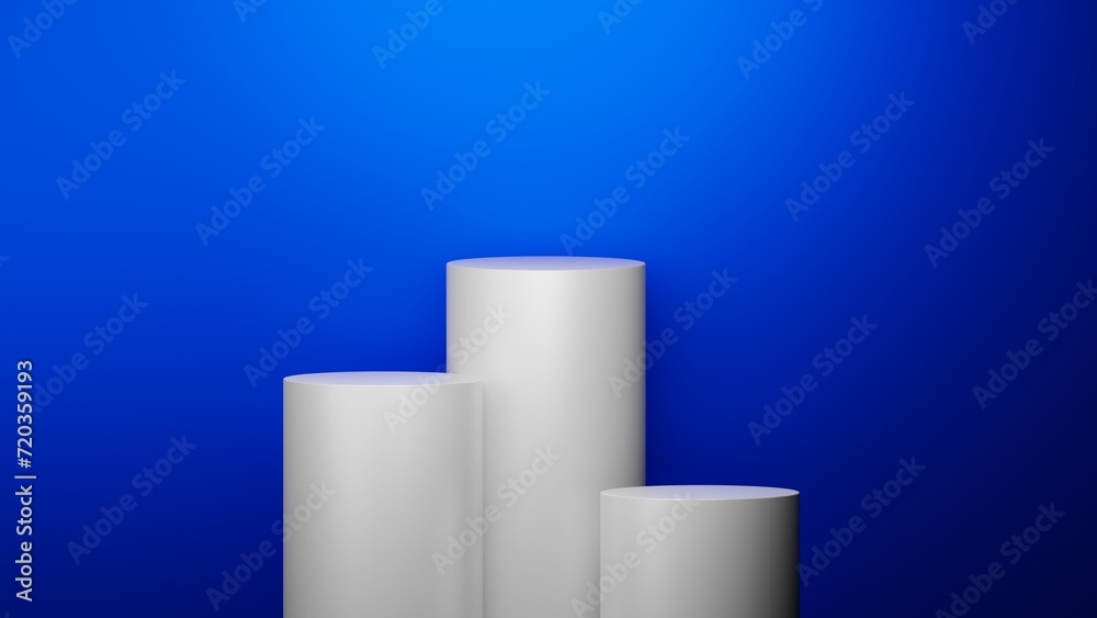 Group of cylinder pedestal podium on blue background, Product display podium in room, Stand to show products background. Group of cylinder pedestal podium on blue background, Product display podium in room, Stand to show products background.