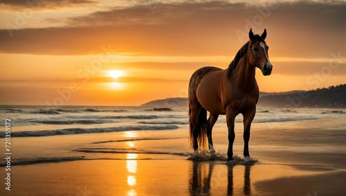 Cheval sur une plage au coucher du soleil © EXO