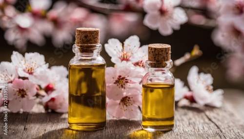 Two bottles of oil with flowers in the background