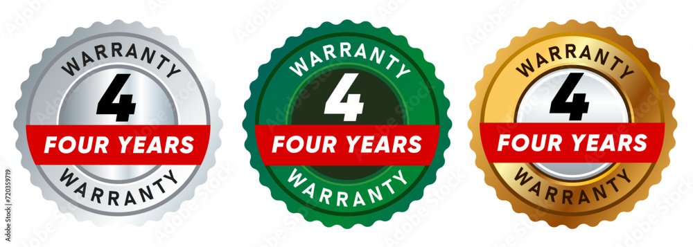 four 4 years warranty badge emblem seal set guarantee collection in silver green and gold premium circle shape