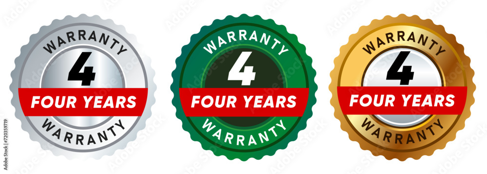 four 4 years warranty badge emblem seal set guarantee collection in silver green and gold premium circle shape four 4 years warranty badge emblem seal set guarantee collection in silver green and gold premium circle shape