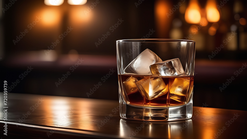 glass of whiskey with ice on the bar counter in a nightclub