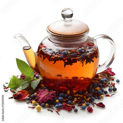 Herbal tea and teapot isolated on white background, photo, png 