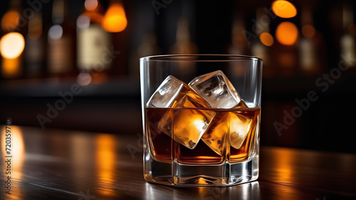 glass of whiskey with ice on the bar counter in a nightclub