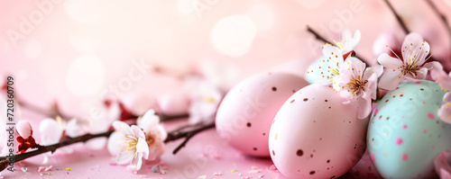 Easter eggs and spring flowers on pink background. Happy Easter concept.
