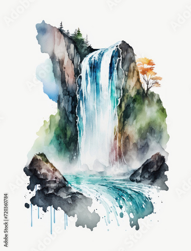 Watercolor Waterfall Illustration Isolated on White Background. Colorful Digital Landscape Art