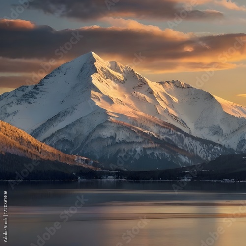 Snow-covered mountain range during the golden hour 